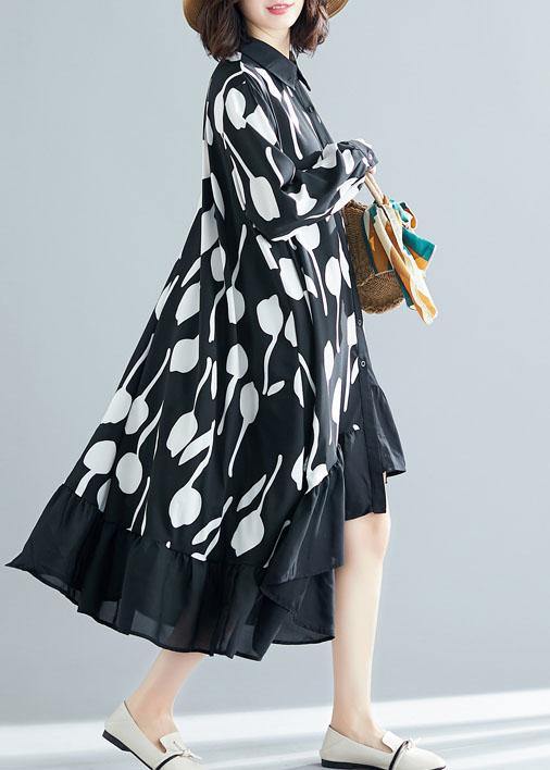 Style low high design cotton dress Work Outfits black prints shirt Dresses summer