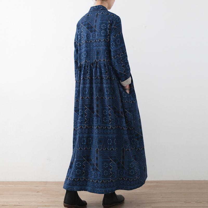 Blue Loose Vintage Button  Linen Print Dress