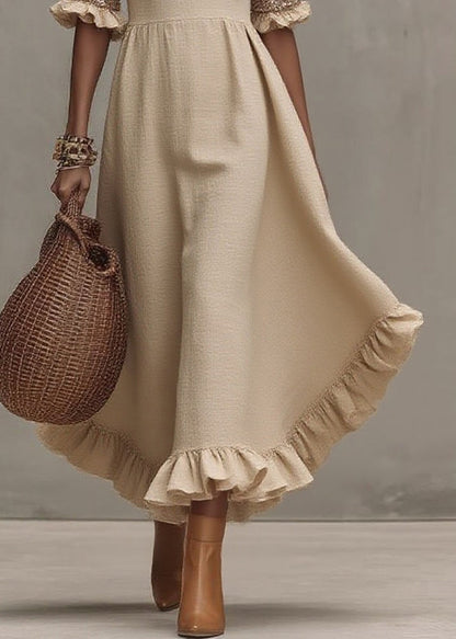 Fashion Beige Square Collar Ruffled Wrinkled Long Dress Summer