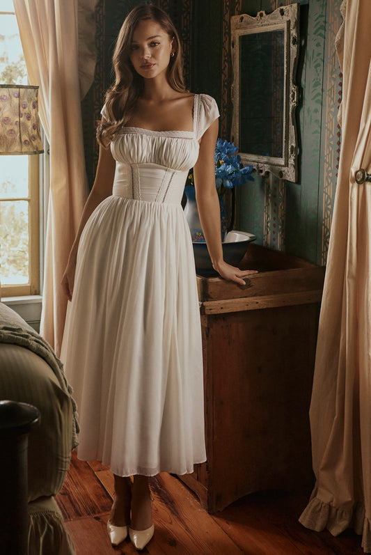 White Square Neck Lace Trim Back Bow Tie A-Line Midi Dress