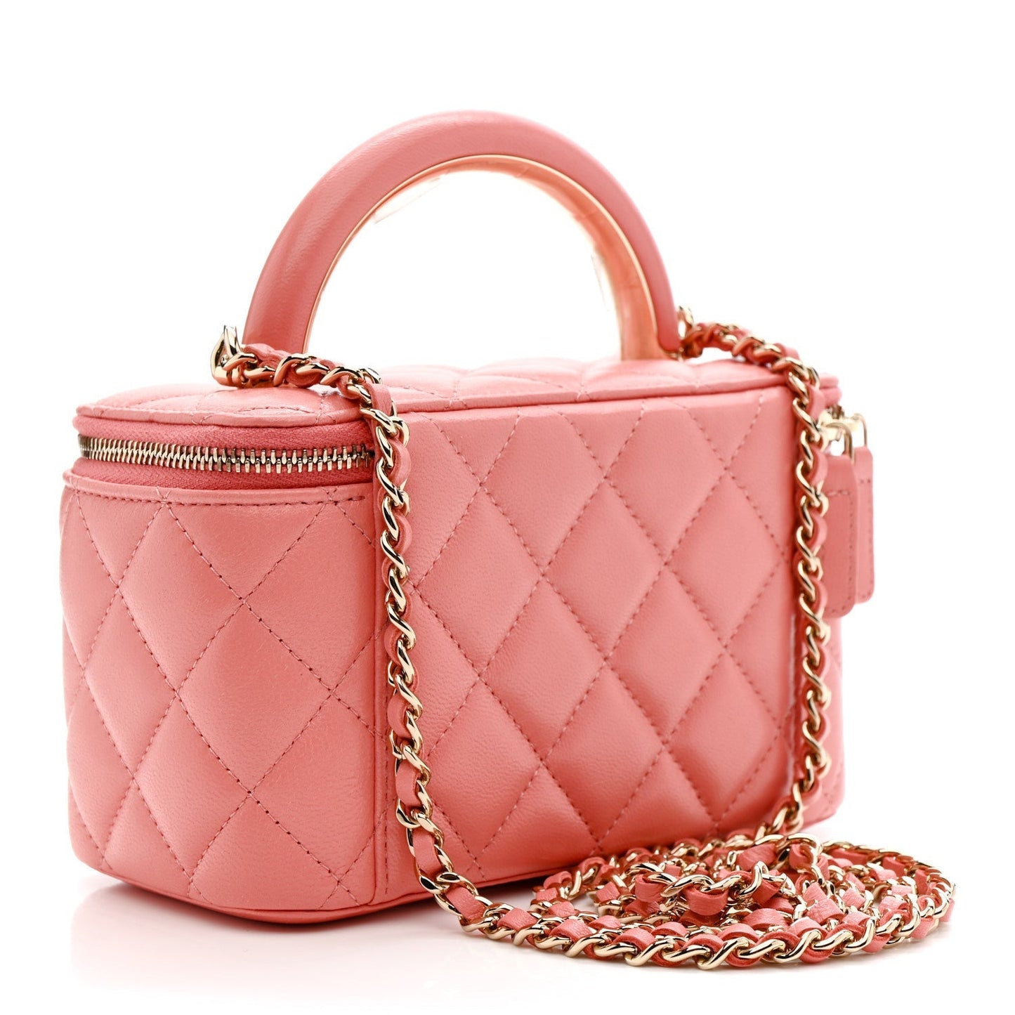 Lambskin Quilted Small Charming Top Handle Vanity Case With Chain Pink