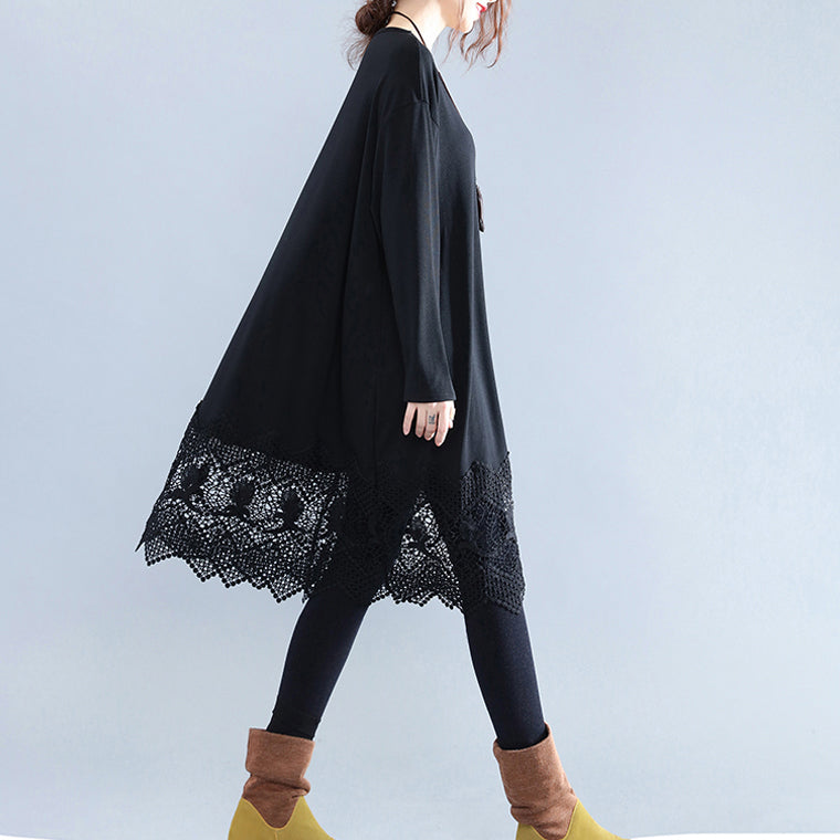 Fine Black Cotton Dresses Casual Cotton Clothing Dresses Fine Lace Ruffles Long Sleeve Cotton Dresses