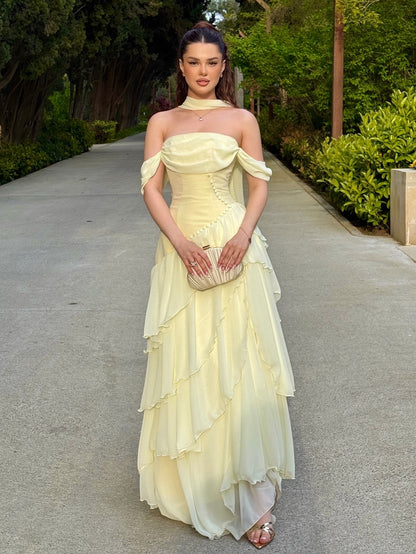 Pale Yellow Tiered Flowy Strapless Evening Gown