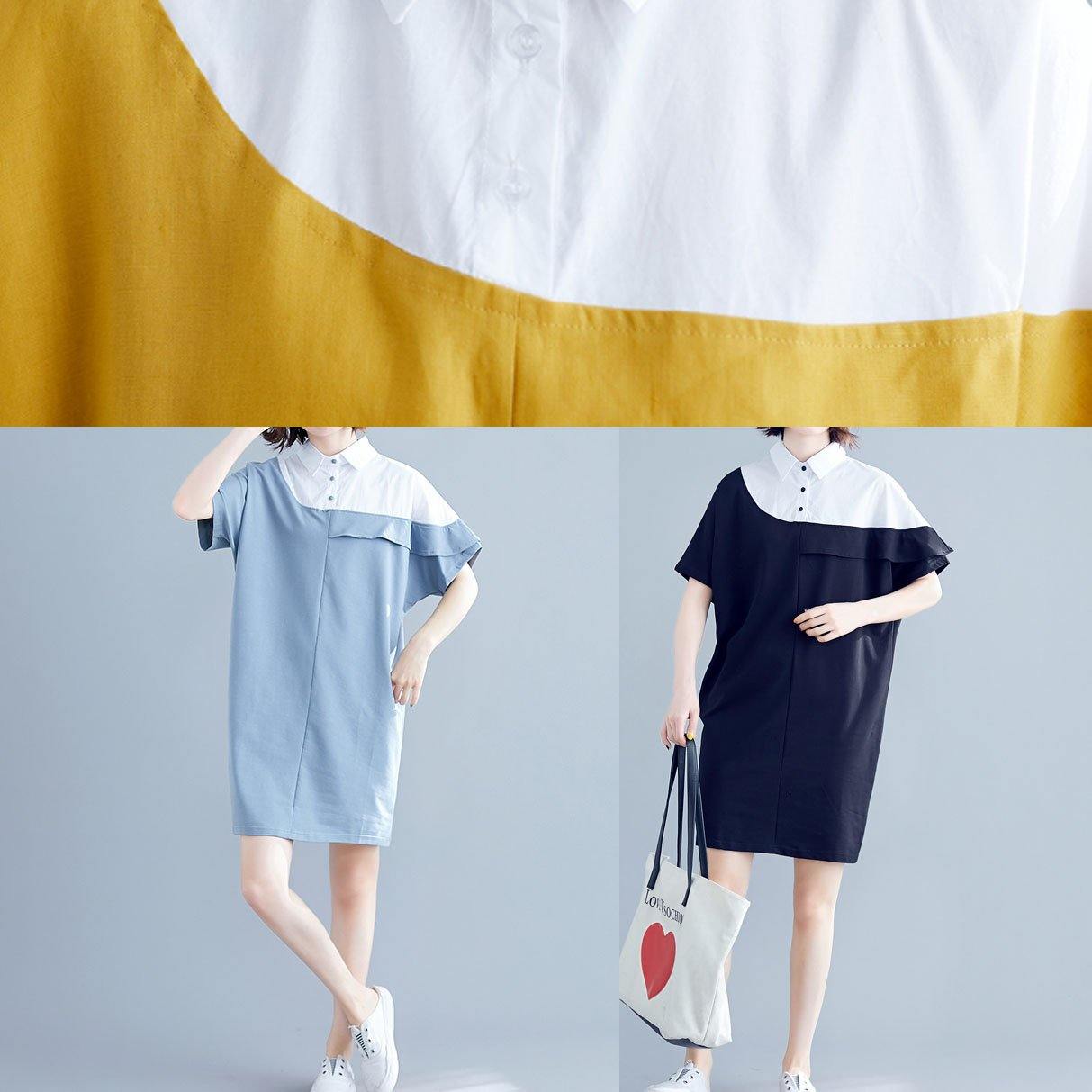 Italian o neck patchwork Cotton Tunics light blue Dress summer