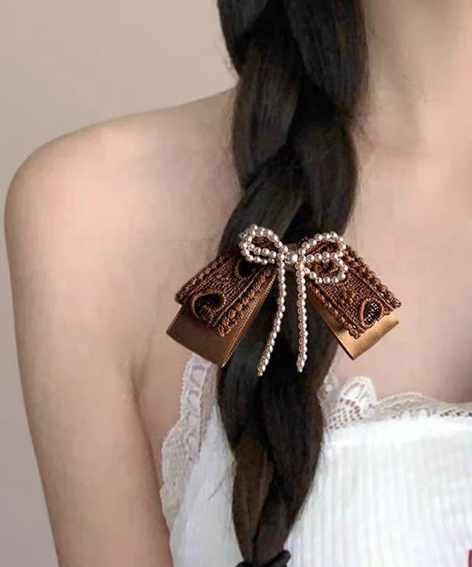 Handmade Brown Fabric Art Pearl Bow Hairpin