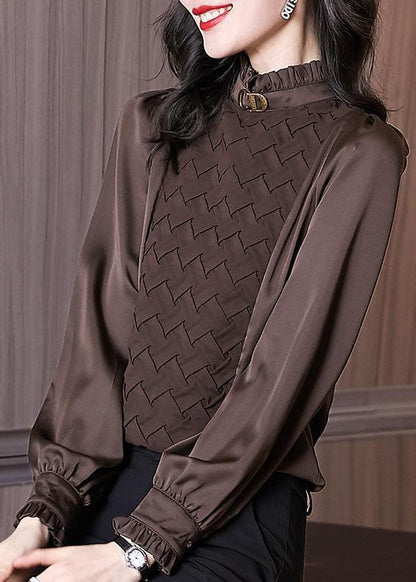 Coffee Patchwork Chiffon Blouses Ruffled Warm Long Sleeve