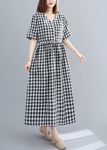 Organic v neck drawstring cotton clothes For Women Tutorials black Large plaid Dress