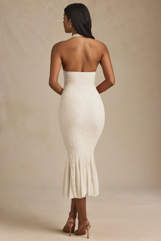 Halterneck Corset Lace Midaxi Dress In Ivory