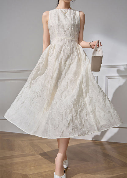 Jacquard White O-Neck High Waist Cotton Long Dresses Sleeveless