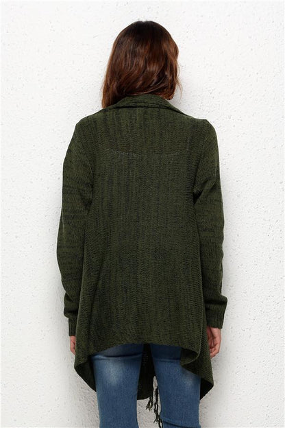 Tassel Asymmetrical Hem Shawl Speckled Fringe Cardigan - Khaki