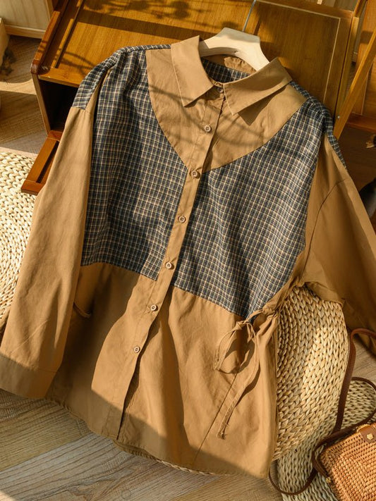 100% Natural Fabric Drawstring Plaid Casual Loose Shirt