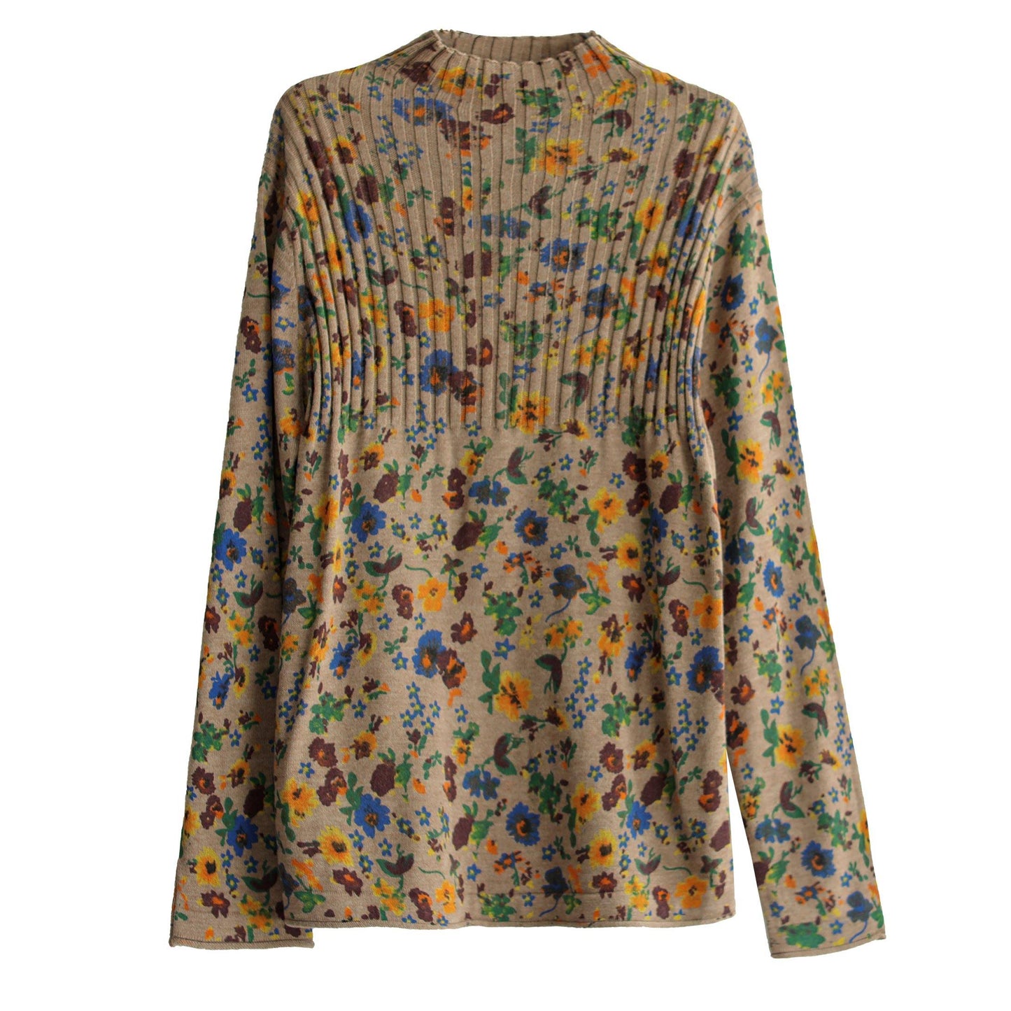 Women Retro Cotton High Collar Knitted Floral Sweater