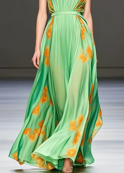 Chic Light Green Print Exra Large Hem Silk Cami Dress Summer