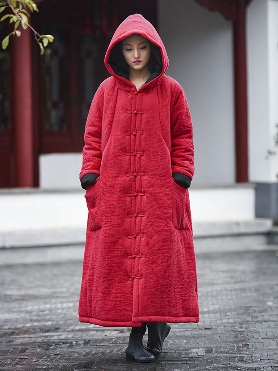 Women Winter Vintage Solid Frog Pocket Hooded Long Coat