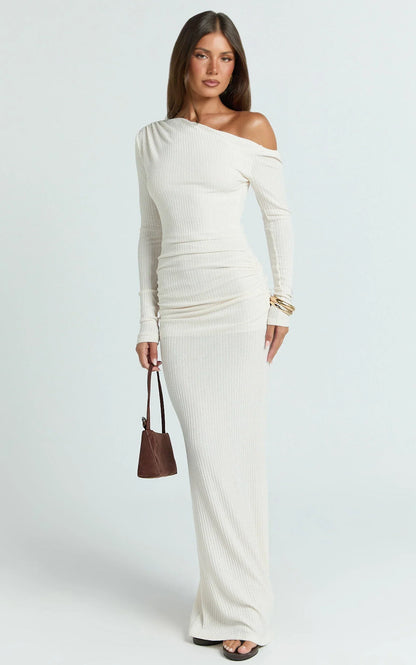 Faith Maxi Dress - Off Shoulder Long Sleeve Maxi Dress In Cream