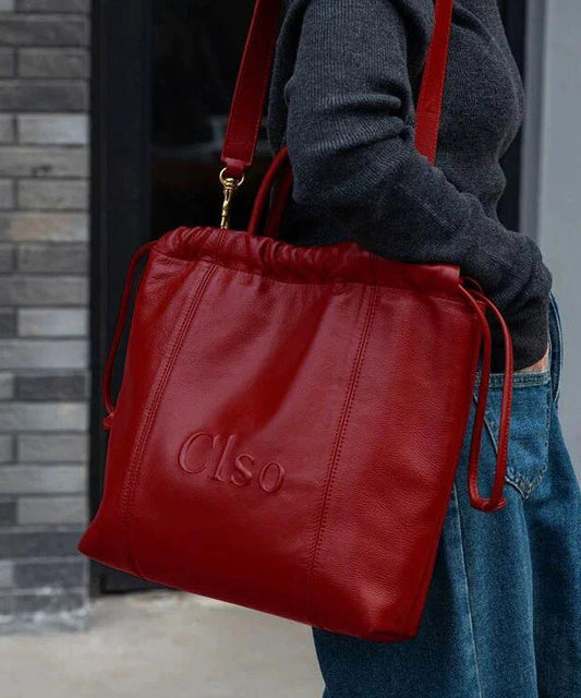 Women Red Drawstring Large Capacity Faux Leather Satchel Handbag
