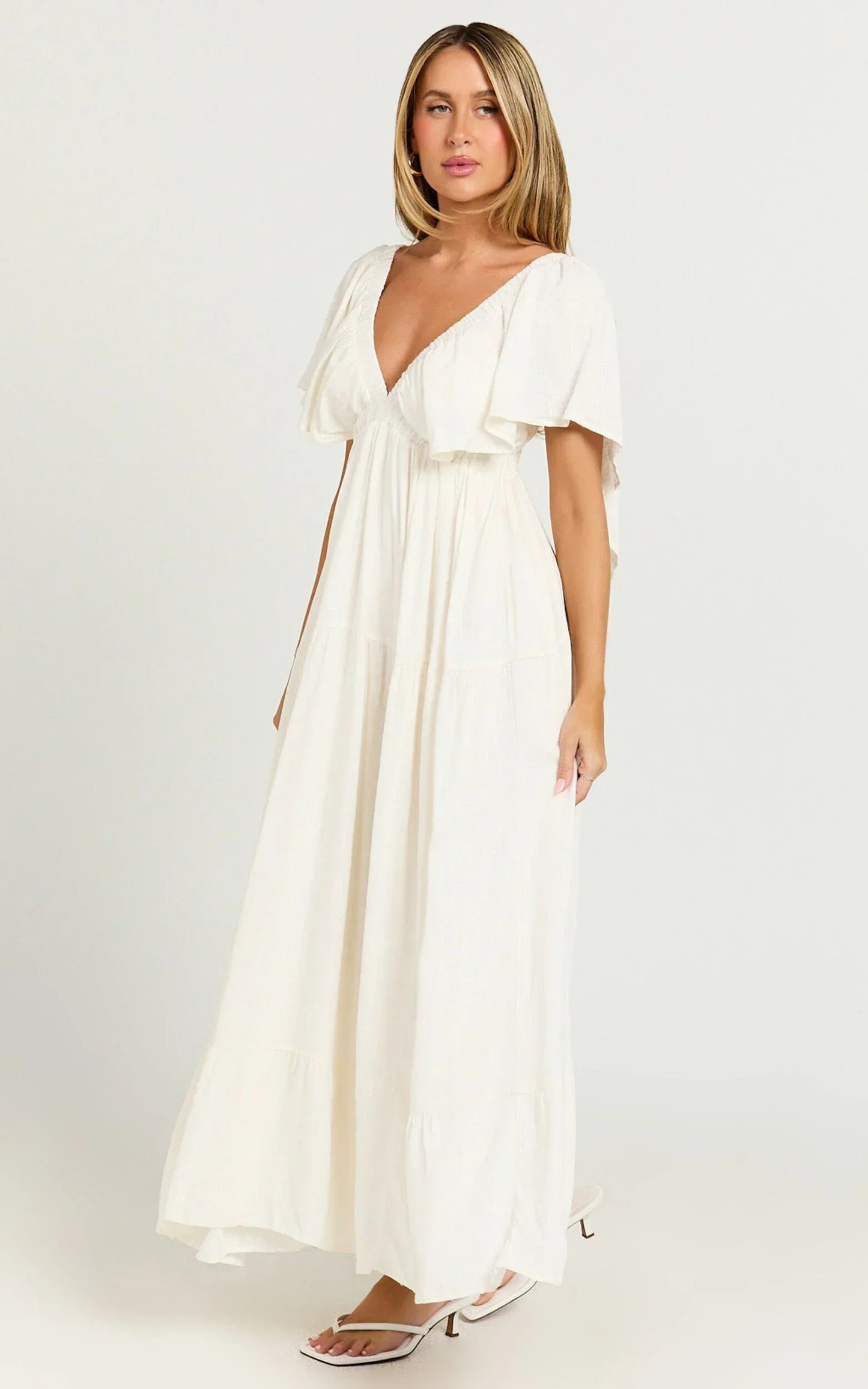 Lyrad Midi Dress - Linen Empire Waist Textured Dress In White