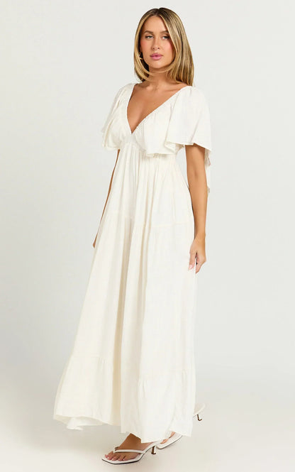 Lyrad Midi Dress - Linen Empire Waist Textured Dress In White