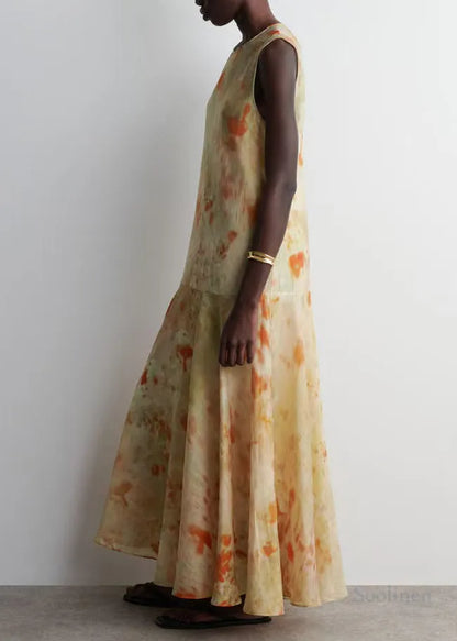 French Beige Tie Dye Chiffon Party Dress Sleeveless
