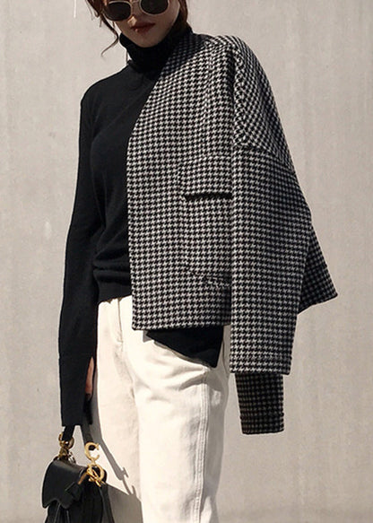 Vogue Black Notched Plaid Pockets Cashmere Coat Long Sleeve