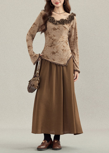 French Coffee Asymmetrical Floral Cotton Women Sets 2 Pieces Fall