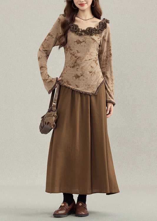 French Coffee Asymmetrical Floral Cotton Women Sets 2 Pieces Fall
