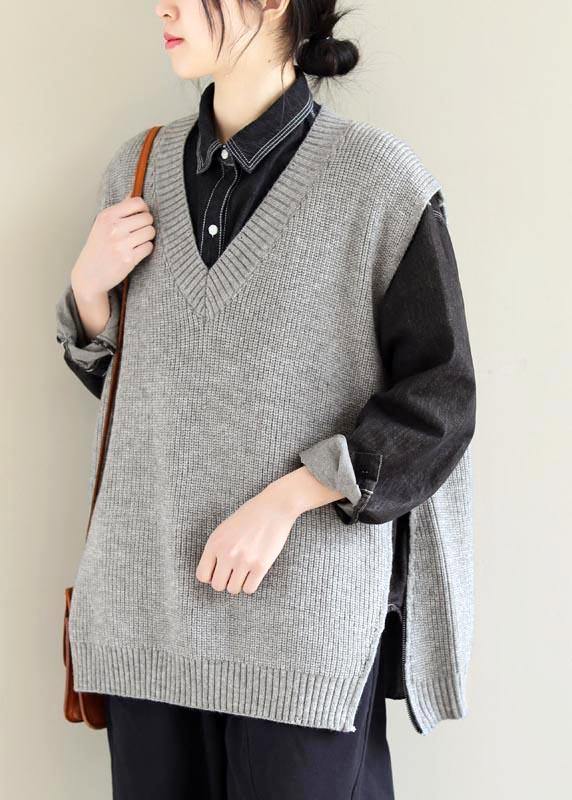 Vintage Light Gray Knitwear Plus Size Clothing V Neck Sleeveless Knit Blouse