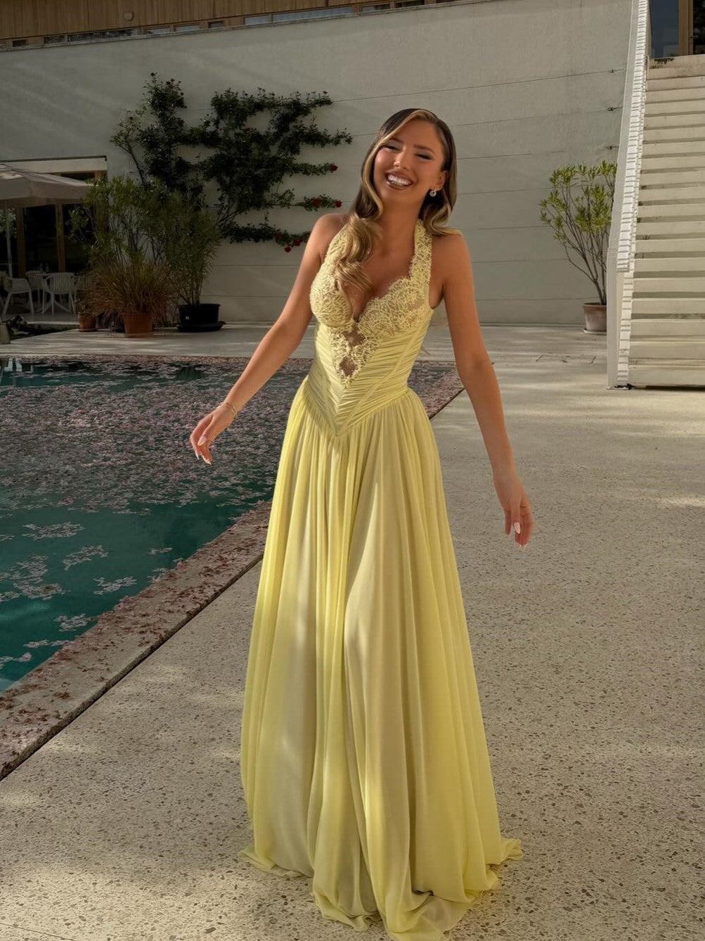 Halter Lace Corset Chiffon Evening Gown