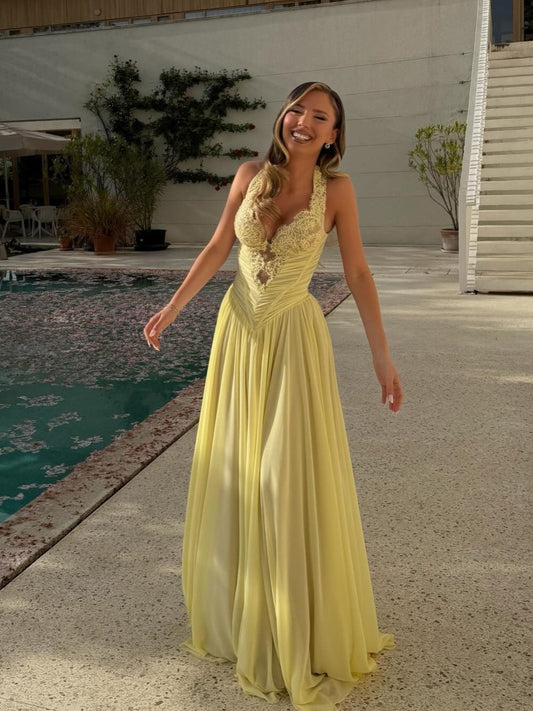 Halter Lace Corset Chiffon Evening Gown