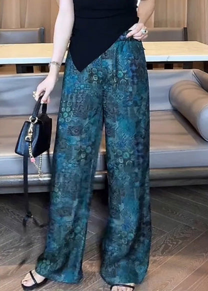 Vintage Blue Print Elastic Waist Cotton Pants Fall