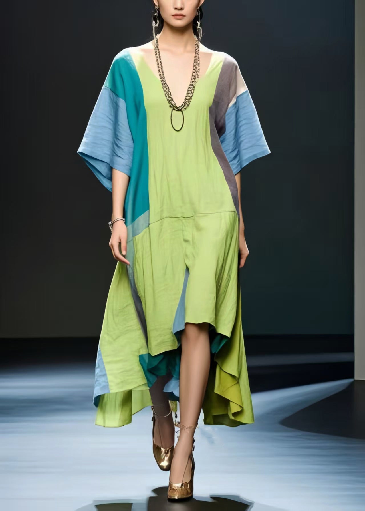 Chic Grass Green Oversized Patchwork Cotton Maxi Dress Summer