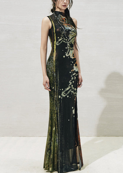 Black Print Side Open Tulle Two Pieces Set Stand Collar Summer