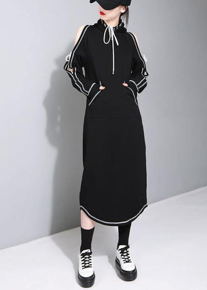 Chic Black Cold Shoulder hooded Long Summer Cotton Dress