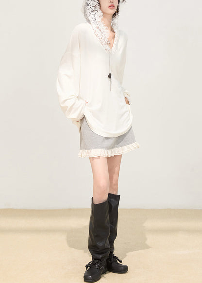 Fashion White Hooded Patchwork Lace Cotton Pullover Sweatshirt Spring