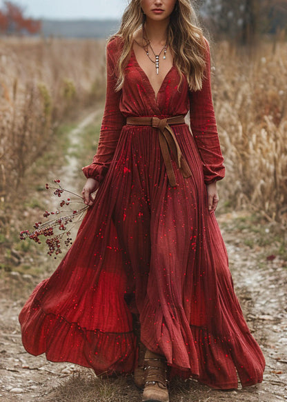 Plus Size Red V Neck Wrinkled Patchwork Cotton Dress Long Sleeve