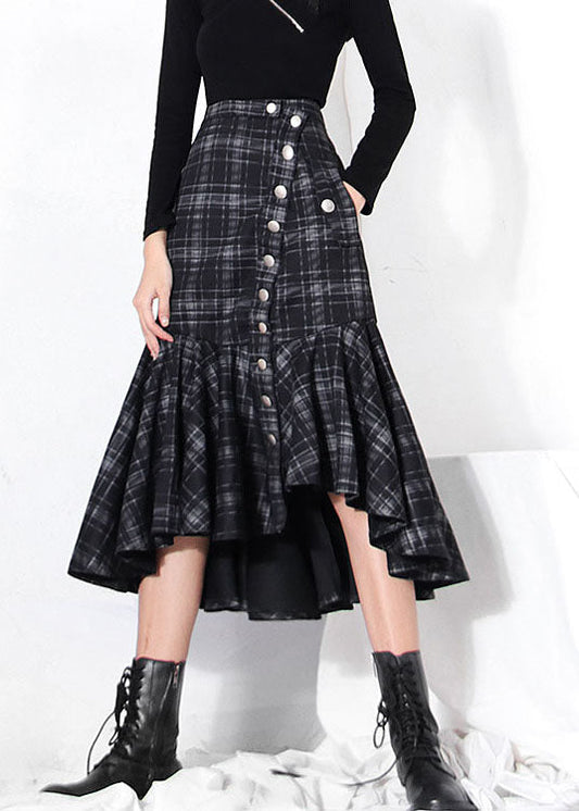 Fashion dark Grey button Ruffles Plaid Skirt Spring