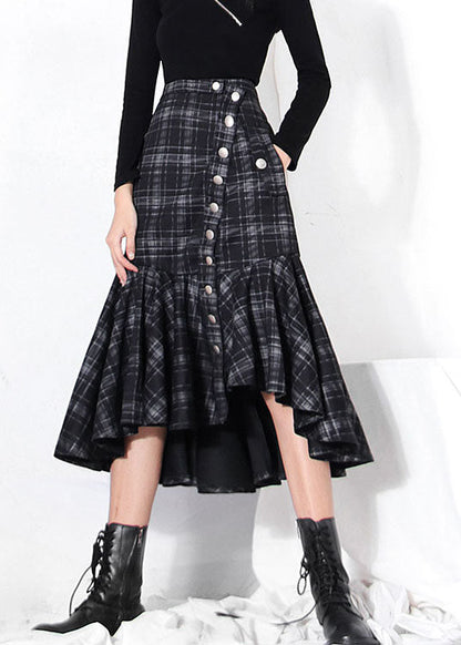 Fashion dark Grey button Ruffles Plaid Skirt Spring