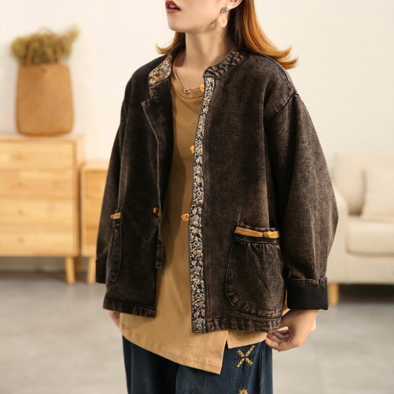 Winter Spring Retro Floral Cotton Denim Coat
