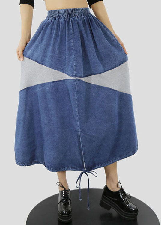 Women Blue white elastic waist drawstring Patchwork denim Skirt