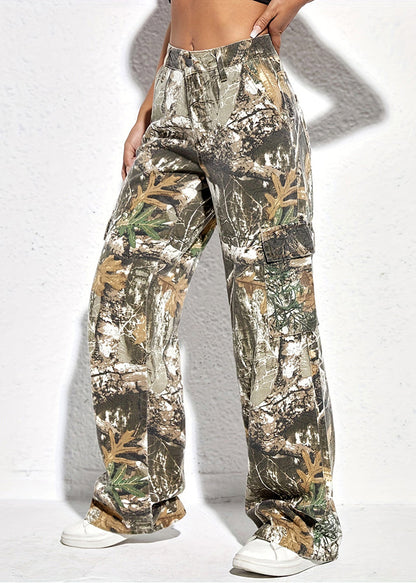 Casual Print Pockets High Waist Cotton Pants Spring