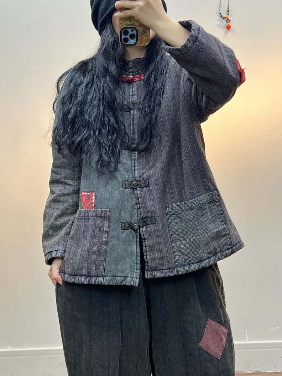 Women Irregular Print Chinese Style Cotton Coat