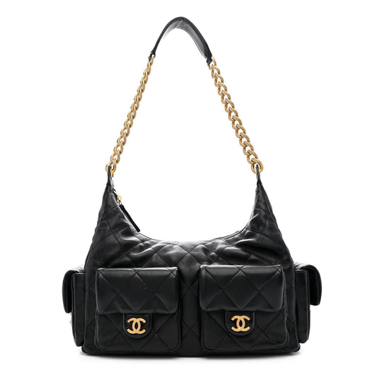 Shiny Lambskin Quilted Trendy Pockets Hobo Black