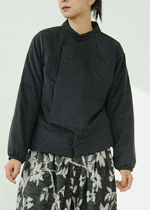 Black Button Pockets Solid Fine Cotton Coats Stand Collar