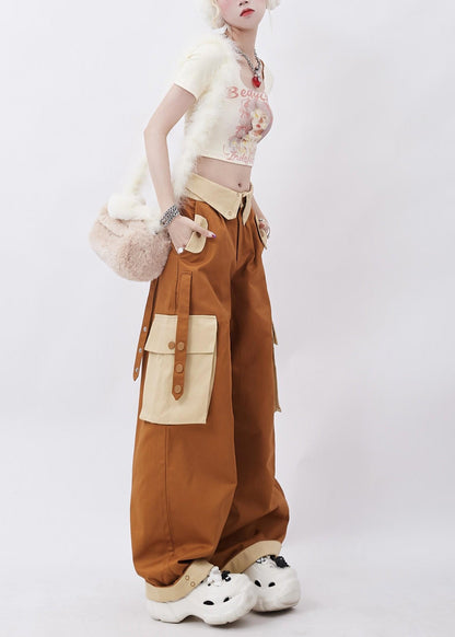 Casual Brown Patchwork Pockets Cotton Pants Trousers Spring
