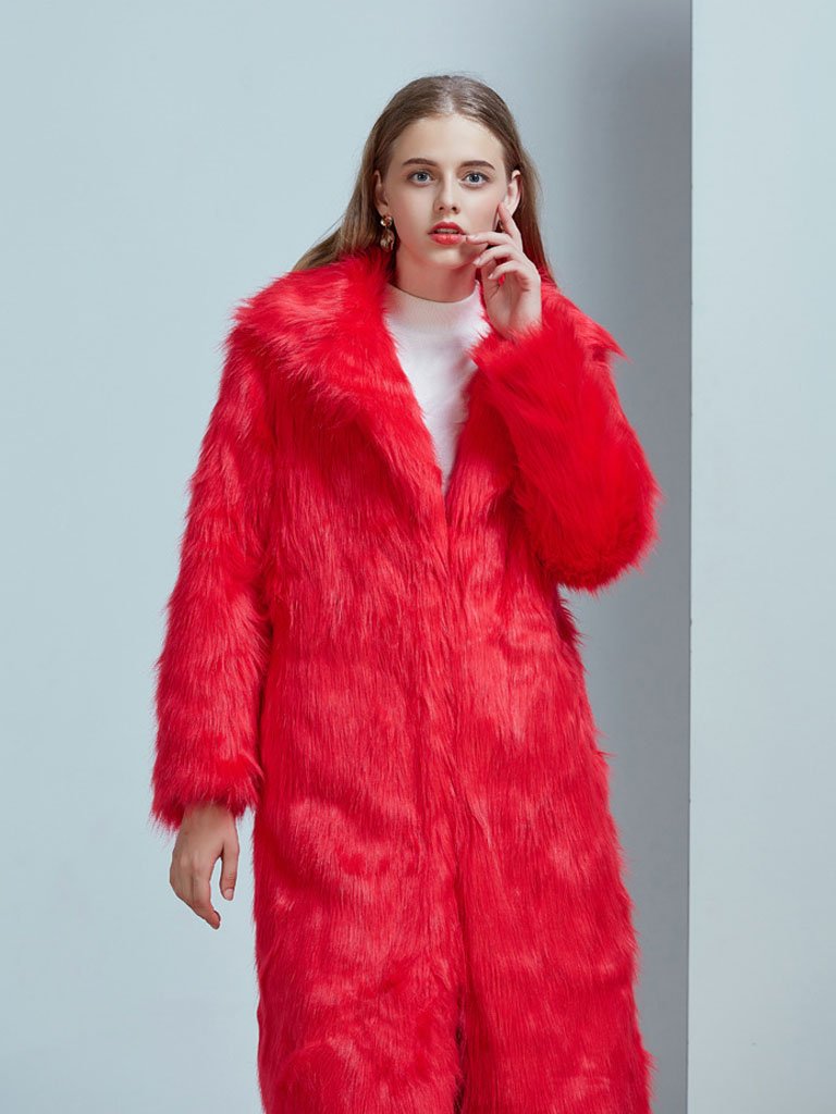 Faux Fur Coat Women V Neck Long Sleeve Maxi Winter Coat