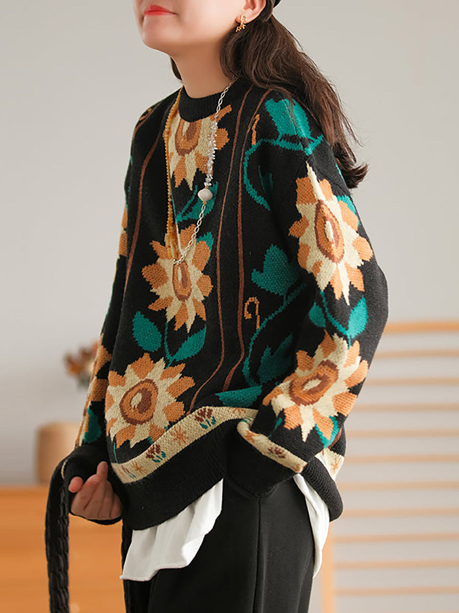 Women Floral Knitted O Neck Long Sleeve Sweater