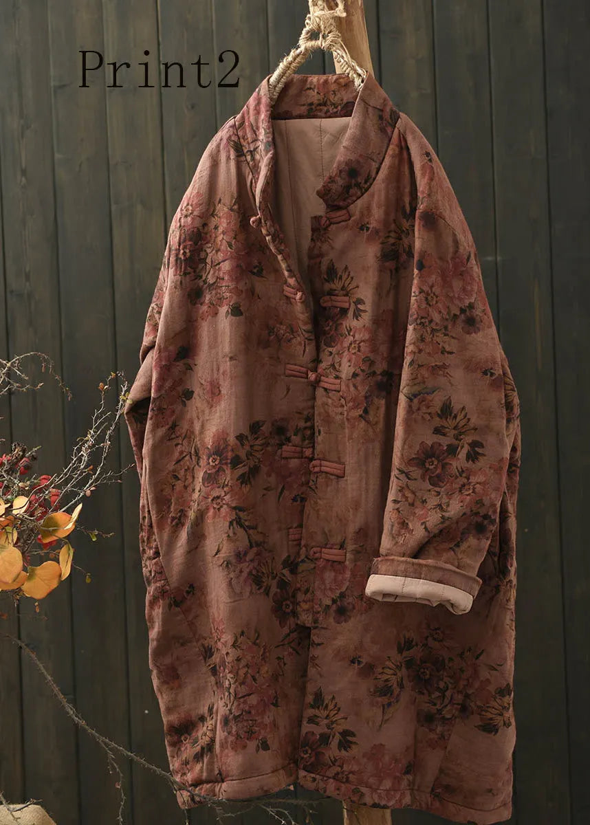 Vintage Stand Collar Print Oriental Button Fine Cotton Filled Coat Spring
