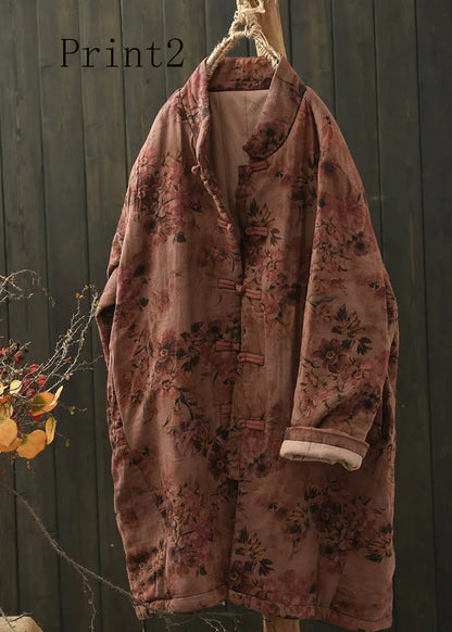 Vintage Stand Collar Print Oriental Button Fine Cotton Filled Coat Spring