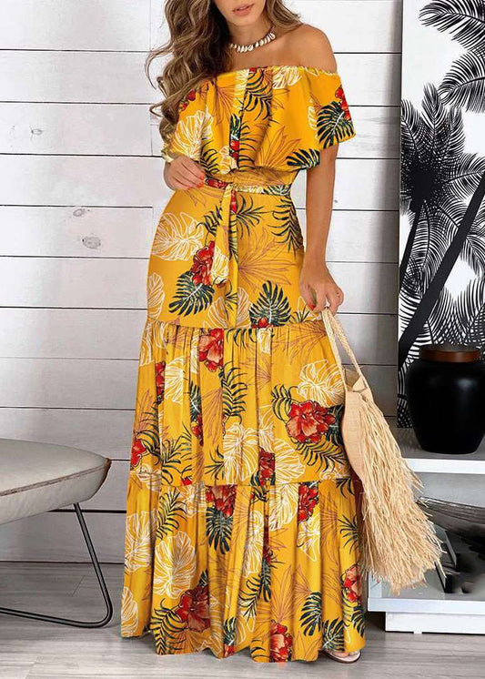 Bohemian Yellow Cold Shoulder Print Wrinkled Maxi Dress Short Sleeve