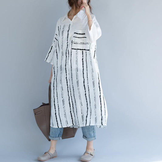 2018 white cotton dress plus size clothing dresses women bracelet sleeved patchwork Turn-down Collar striped cotton dresses